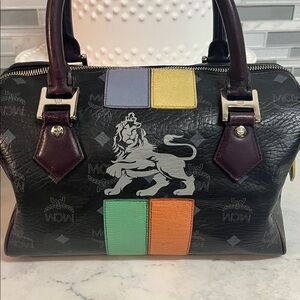 MCM Black Leather Satchel with Multicolor Patch Accents